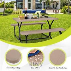 Garden Picnic Table Bench Set Outdoor HDPE Heavy-Duty Metal Base Table Furniture
