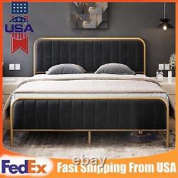 Velvet Upholstered Full Queen Size Bed Frame Headboard Heavy Duty Metal Platform