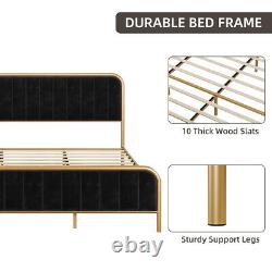 Velvet Upholstered Full Queen Size Bed Frame Headboard Heavy Duty Metal Platform