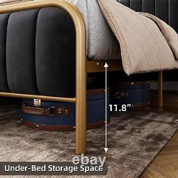 Velvet Upholstered Full Queen Size Bed Frame Headboard Heavy Duty Metal Platform