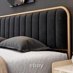 Velvet Upholstered Full Queen Size Bed Frame Headboard Heavy Duty Metal Platform