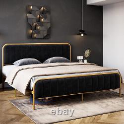 Velvet Upholstered Full Queen Size Bed Frame Headboard Heavy Duty Metal Platform