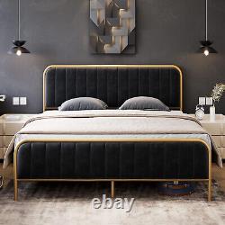 Velvet Upholstered Full Queen Size Bed Frame Headboard Heavy Duty Metal Platform