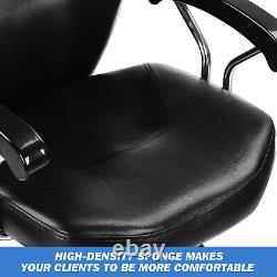 Chaise de barbier robuste pour salon de coiffure avec inclinaison hydraulique, base solide noire.