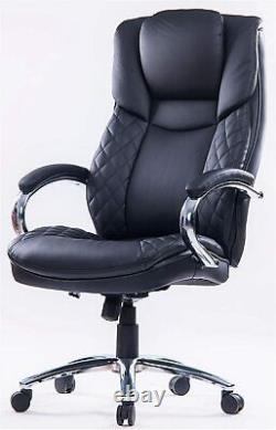 Chaise de bureau pivotante en cuir PU rembourré noir grande et haute avec base en chrome à usage intensif