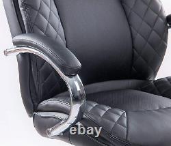 Chaise de bureau pivotante en cuir PU rembourré noir grande et haute avec base en chrome à usage intensif